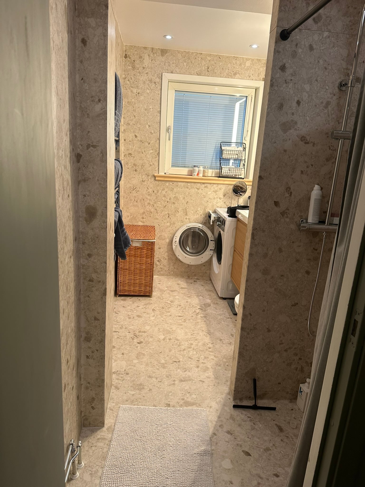 Tvättdel med maskin, förvaring och terrazzoklädda väggar